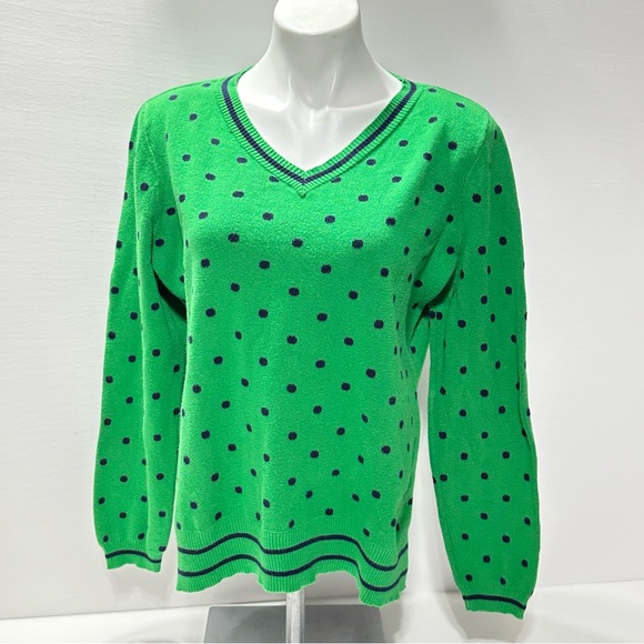 Liz Claiborne Sweaters - Liz Claiborne Green Sweater With Blue Polka Dots V Neck Cotton L